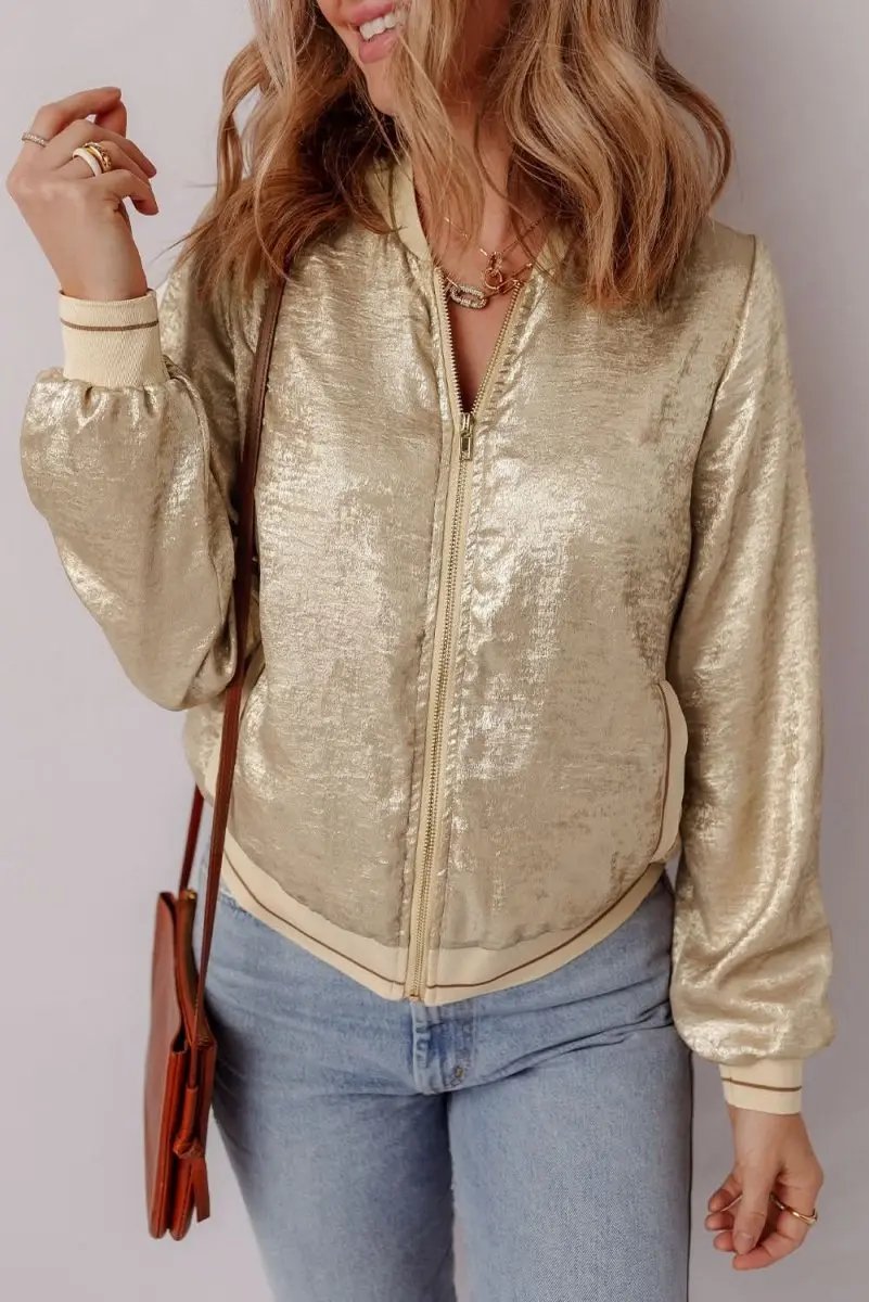 Pale Khaki Metallic Zip up Baseball Jacket - Love Salve
